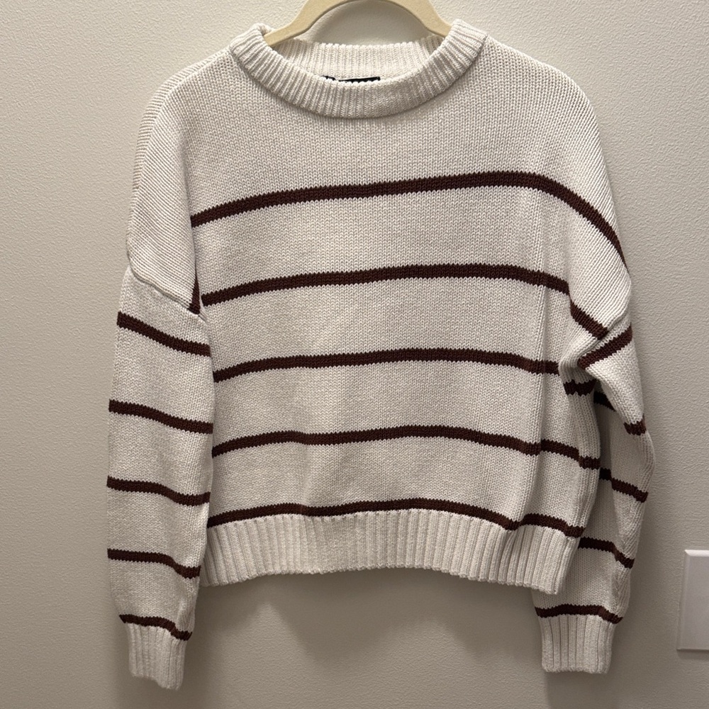 Elegant White and Brown Striped Women's Sweater